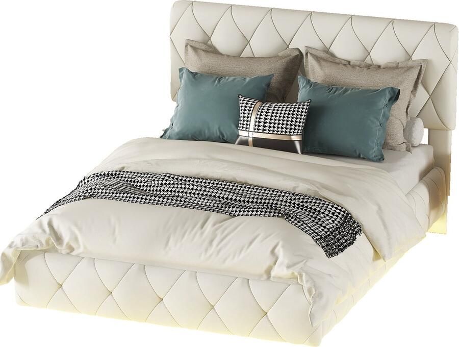 Merax Luxe Tweepersoonsbed 140x200 cm met Zwevend Bedframe Kunstleer Gestoffeerd Bed met LED-Verlichting en Verstelbaar Hoofdbord Beige