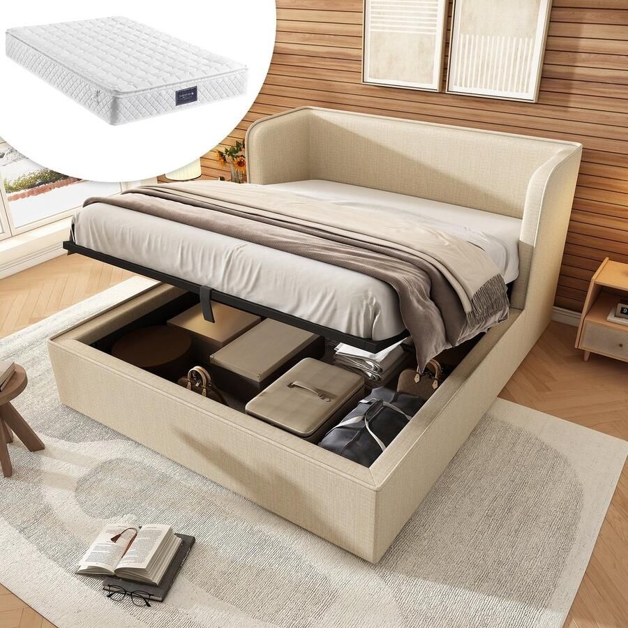 Merax ​ Luxe Tweepersoonsbed 160x200 cm – Beige Gestoffeerd Bed met Opbergruimte – Inclusief 7-Zone Pocketveringmatras – Hydraulisch Bedframe met Lattenbodem en Afneembare Bekleding​