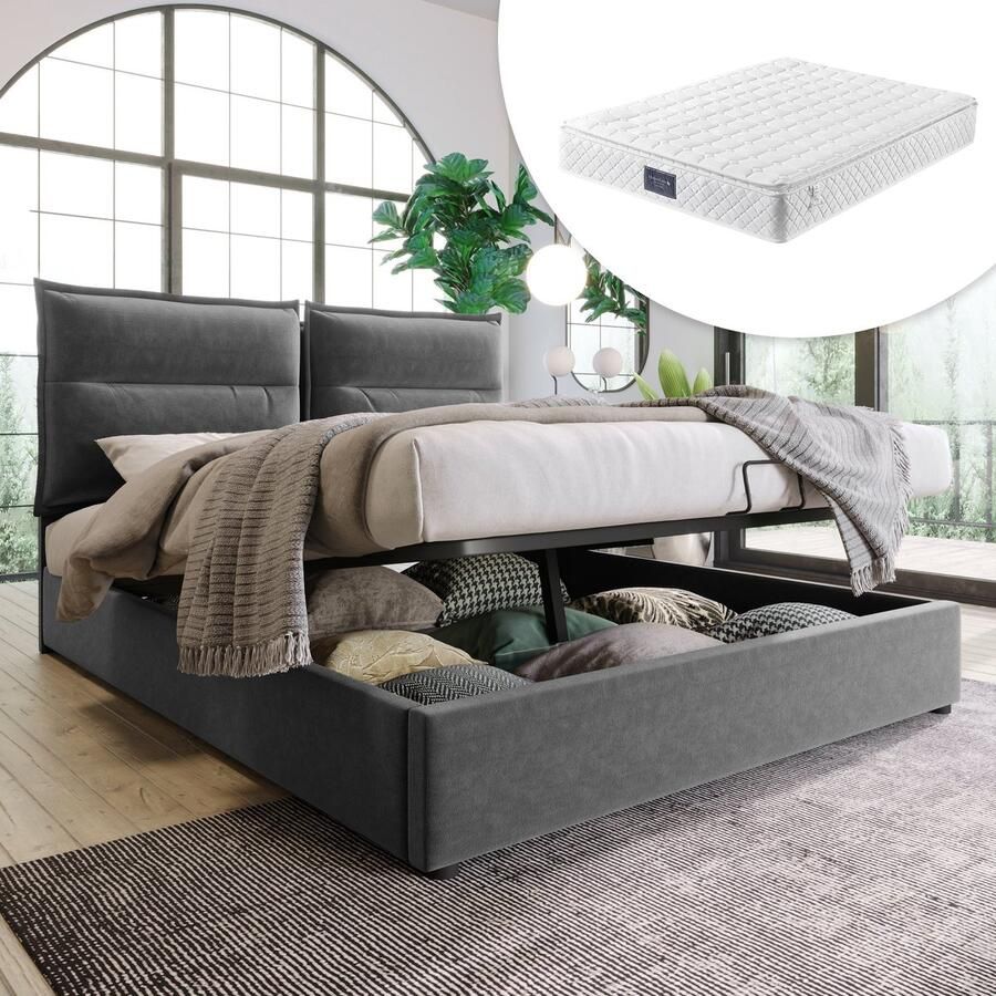 Merax Luxe Tweepersoonsbed inclusief 7-zone Koudschuim Matras 140x200 cm Gestoffeerd Bed met Verstelbaar Hoofdbord en Hydraulische Opbergruimte onder Lattenbodem Grijs