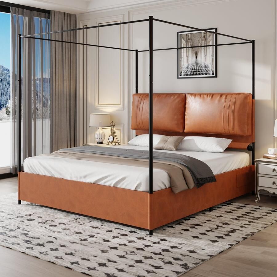 Merax Luxe Tweepersoonsbed met Baldakijn 180x200 cm – Metalen Bedframe met PU Lederen Kussens en 4 Afneembare Multifunctionele Panelen – Bruin