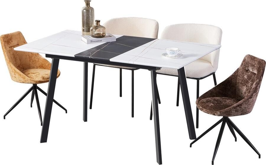 Merax Luxe Uitschuifbare Eettafel Telescopische Tafel in Marmerlook Verstelbaar Wit met Zwart