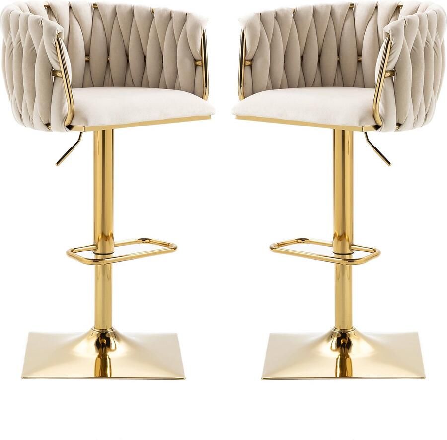 Merax Luxe Velvet Barkrukken Set van 2 Verstelbaar Krukken in Beige met Goud