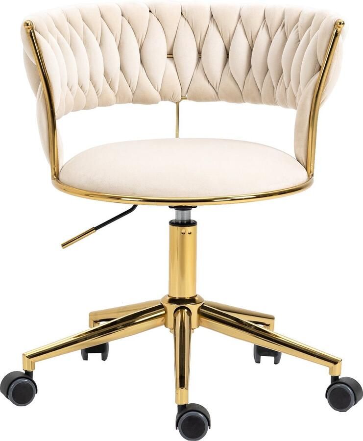 Merax Luxe velvet bureaustoel ivoor met handgeweven rugleuning 360° draaibaar Verstelbare zithoogte Gouden accenten en ergonomisch design
