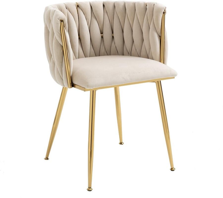 Merax Luxe Velvet Eetkamerstoelen Set van 2 – Ivoorkleurige Stoelen met Gouden Metalen Poten en Handgeweven Rugleuning voor Eetkamer Woonkamer en Slaapkamer - Foto 2