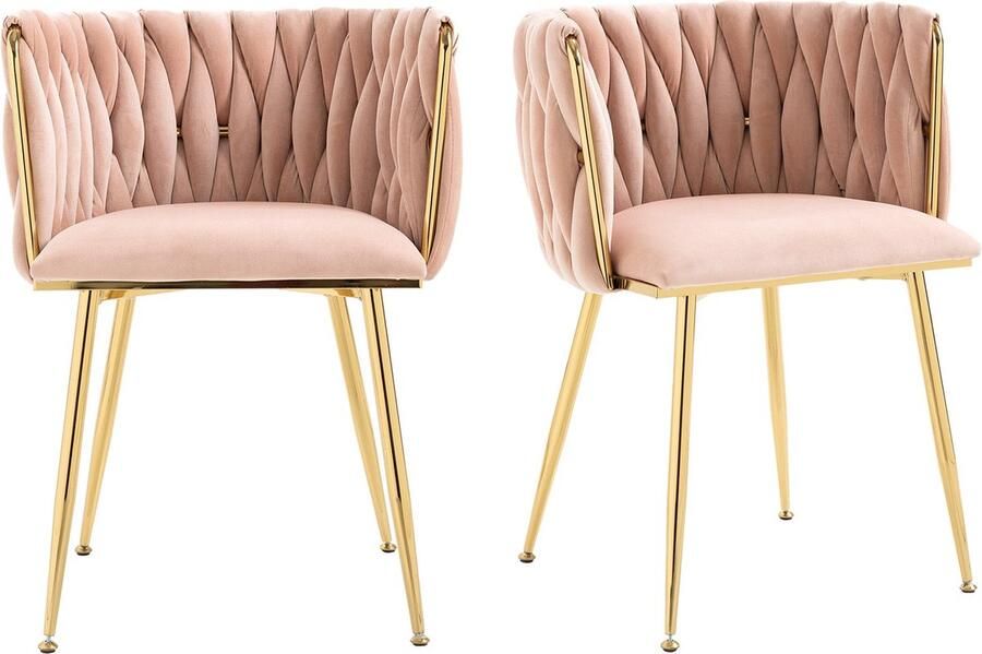 Merax Luxe Fluwelen Eetkamerstoelen Roze – Set van 2 Stoelen met Gouden Metalen Poten en Handgeweven Rugleuning – Comfortabele Stoelen voor Eetkamer Woonkamer of Slaapkamer