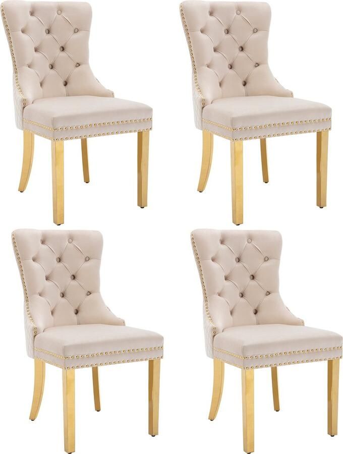 Merax Set van 4 Luxe Velvet Eetkamerstoelen met Unieke Deurklopper en Goudkleurig RVS Onderstel Beige met Gold