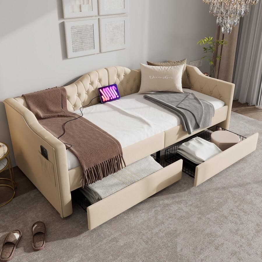 Merax Luxe Velvet Slaapbank 90x190 cm met USB-C Aansluiting en 2 Opberglades Gestoffeerd Eenpersoonsbed Bedbank Beige