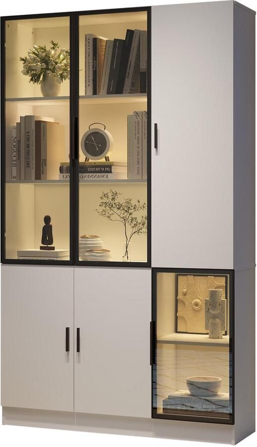 Merax Vitrinekast 120x35x200 cm – Witte Kast met Glazen Deuren en Aluminium Frame – Dressoir met 10 Opbergvakken en LED Verlichting – Woonkamer Slaapkamer Kantoor