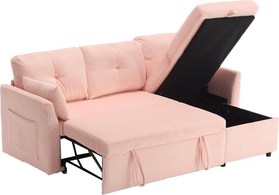 Merax L‑vormige Slaapbank met Opbergruimte – Roze Fluwelen Hoekbank Uitschuifbaar tot Bed en Zijvakken – 3‑Zits Sofa