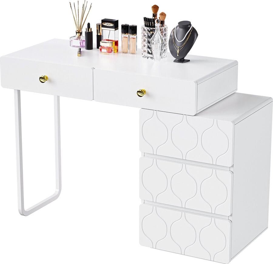 Merax Schminktisch 5 Schubladen ohne Spiegel und Hocker Schrank und Beine links und rechts austauschbar 90x 40 x 73.5 cm Wellenmuster minimalistischer Stil Kommode weiß - Foto 2