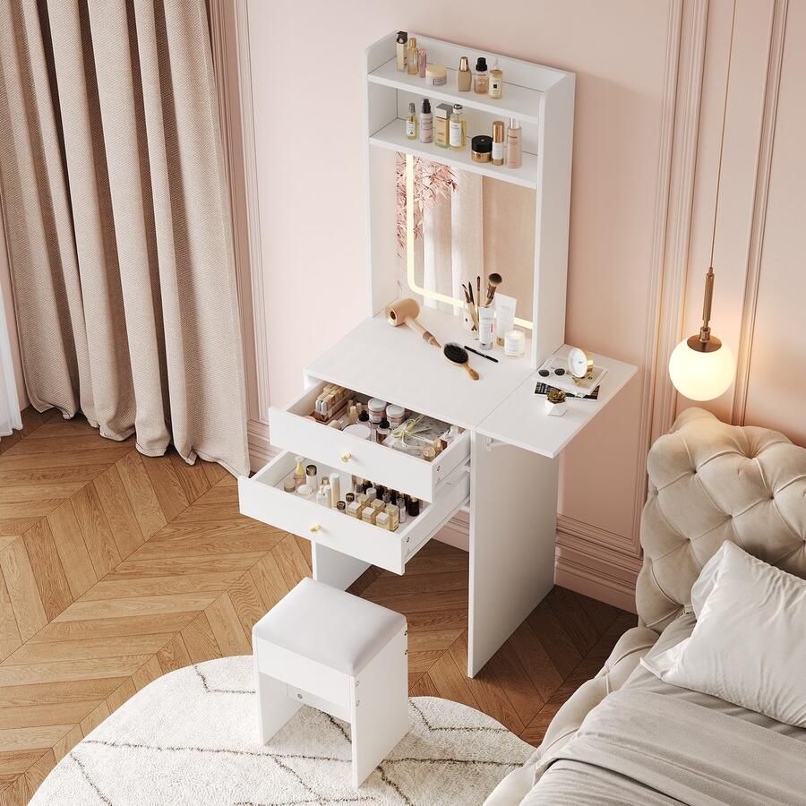 Merax Make-up tafel met LED-verlichting inclusief 1 kruk lade open vakken en opvouwbaar werkblad met opbergruimte wit 75x45x156 cm