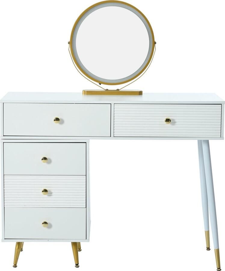 Merax Make-up Tafel met Spiegel en LED Verlichting Modern Kaptafel Set met 5 Ruime Lades en Verstelbare Kast Wit