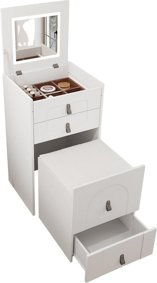 Merax Make-up tafel Set – Inclusief Hocker – Nachtkastje met Spiegel en LED-Verlichting – 3 Lades – Wit