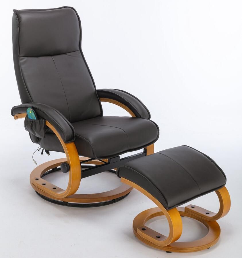 Merax Massagestoel met Hocker Voetenbank PU Lederen Relaxstoel met 5 Punts Massage en Gebogen Houten Basis Bruin