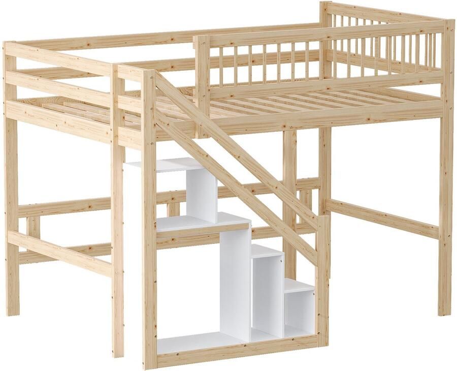 Merax Massief Houten Bed 140x200 cm Hoogslaper met Trap en Opbergruimte Kinderbed met Hoge Leuning Houtkleur Bruin