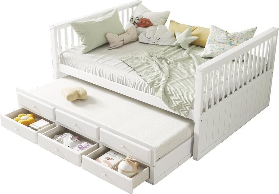 Merax Massief Houten Bed 140x200 cm met Uittrekbaar Bed Kinderbed met 3 Opberglades Wit