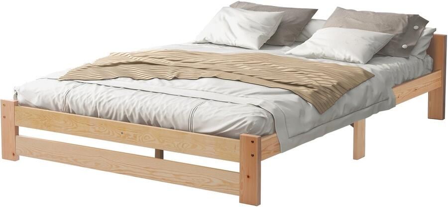 Merax Massief Houten Bed 140x200 cm Natuurlijk Hout Stevig en Duurzaam Inclusief Houten Lattenbodem Eenvoudig Design