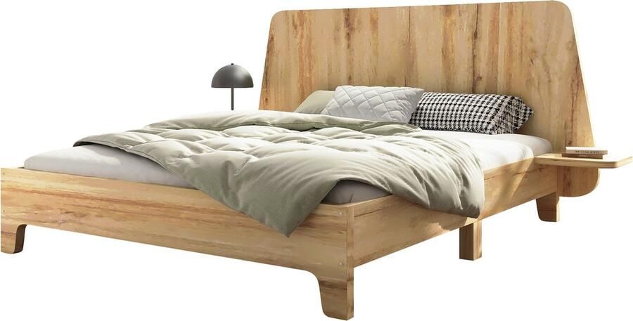 Merax Massiefhouten Bed 140x200 cm Tweepersoonsbed met Lattenbodem Opbergruimte in het Hoofdeinde Eikenkleur Robuust en Duurzaam (Zonder Matras)