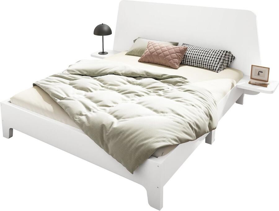 Merax Massief Houten Bed 160x200 cm – Doppelbed met Opbergruimte Geschwungen Hoofdbord en Lattenbodem Wit Stabiel en Duurzaam (Inclusief Matras)