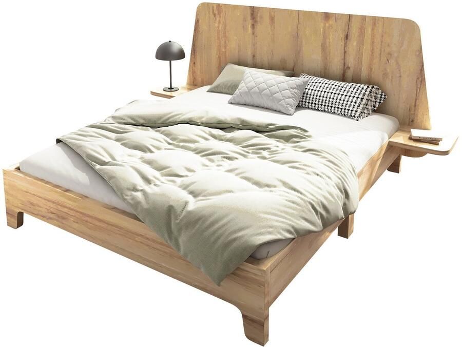 Merax Massief Houten Bed 160x200 cm – Dubbel Bedframe met Opbergruimte in Hoofdbord en Lattenbodem Inclusief Matras Eikenhout Stabiel en Duurzaam
