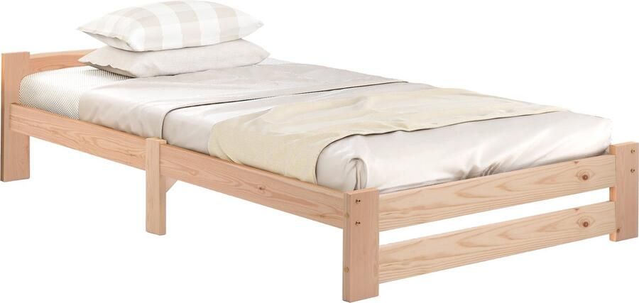 Merax Massief Houten Bed 90x200 cm – Eenpersoonsbed met Hoofdbord en Lattenbodem – Naturel Hout