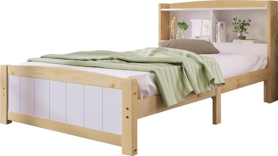 Merax Massief Houten Bedframe 90x200 cm met Opbergruimte in Hoofdbord – Kinderbed & Tienerbed – Inclusief Lattenbodem – Natuurlijk Hout en Wit (Zonder Matras en Lades)