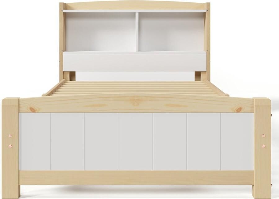 Merax Eenpersoonsbed 90x200 cm Inclusief Matras – Massief Hout – Bed met Hoofdbord en Opbergruimte – Wit met Naturel Hout Bruin – Kinderbed of Tienerbed - Foto 2