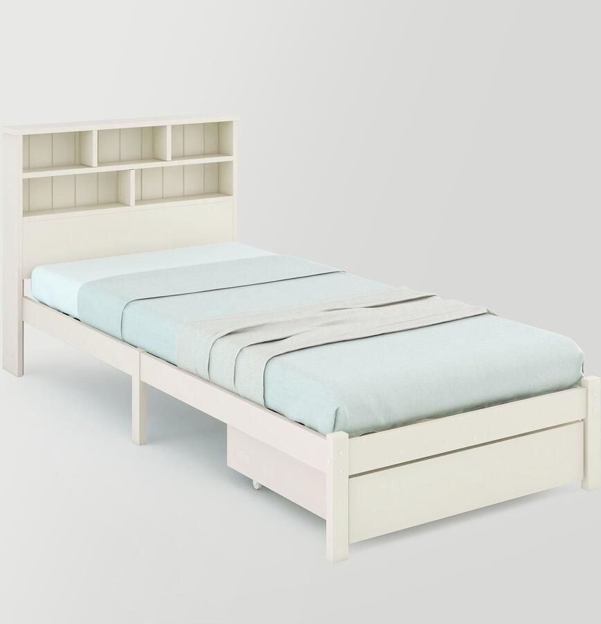 Merax Massiefhouten Kinderbed met Boekenregaal en Schubladen 90x200 cm Wit Houten Bed met Lattenbodem - Foto 2