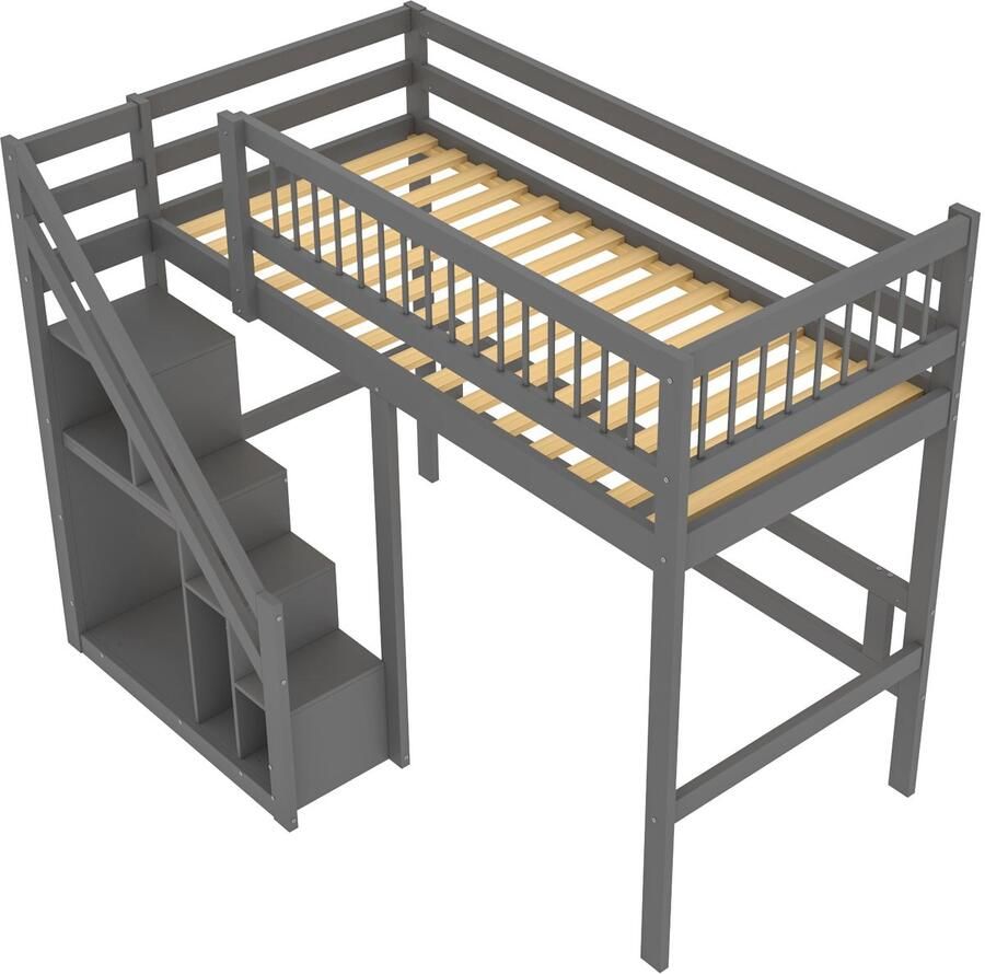 Merax Massief Houten Hoogslaper 90x200 – Bed met Trap en Opbergruimte