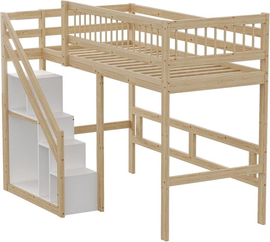 Merax Massief Houten Hoogslaper 90x200cm met Opbergruimte in de Trap Kinderbed Eenpersoonsbed met Uitvalbeveiliging Naturel Hout Bruin