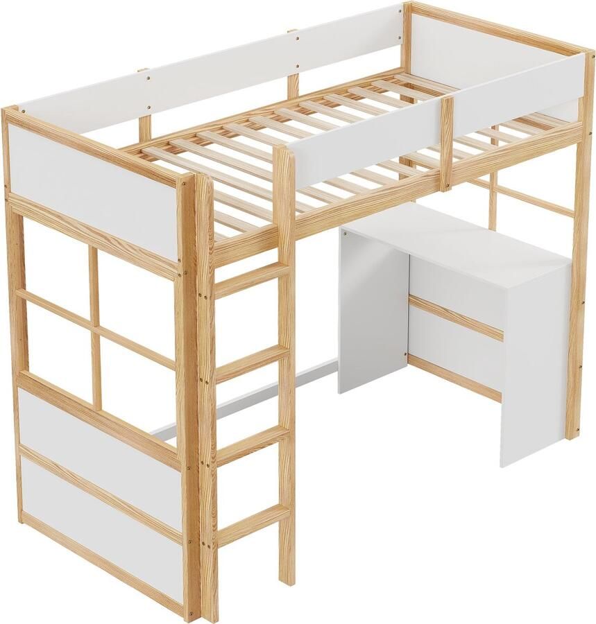 Merax Massief Houten Hoogslaper Eenpersoonsbed 90x200cm met Bureau Kinderbed met Uitvalbeveiliging Wit