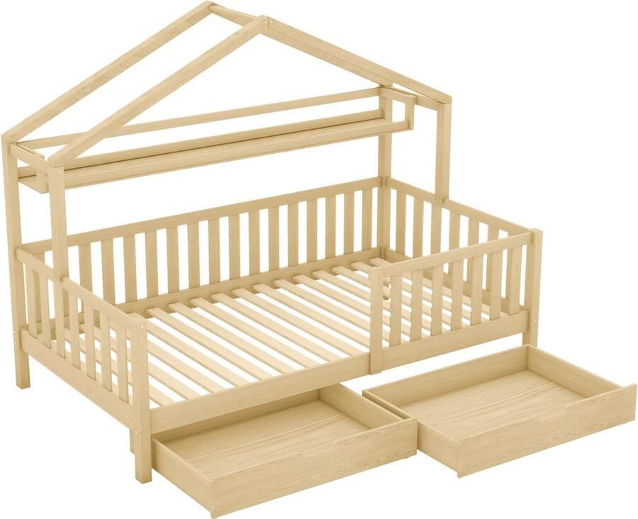 Merax Massief Houten Kinderbed 90x200 cm in Huisvorm Eenpersoonsbed met 2 Opberglades en Plank Huisbed voor Kinderen Bruin