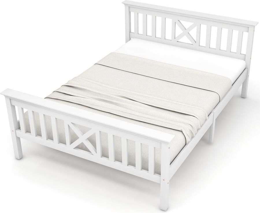 Merax Kinderbed 140x200 cm van Massief Hout met X-vormig Hoofdbord en Voeteneinde Tweepersoonsbed met Lattenbodem Wit - Foto 2