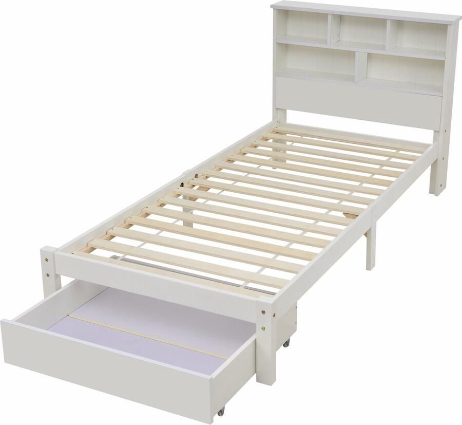 Merax Massiefhouten Kinderbed met Boekenregaal en Schubladen 90x200 cm Wit Houten Bed met Lattenbodem
