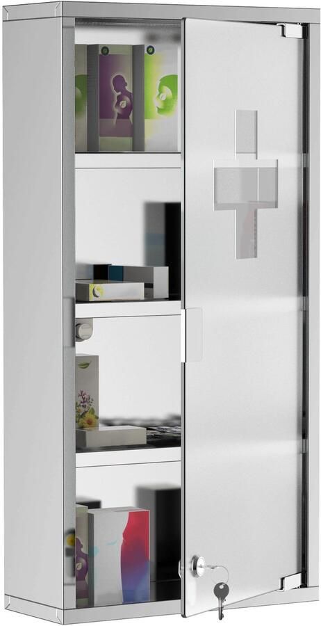 Merax Medicijnkastje met Slot – RVS EHBO Kastje voor Badkamer met Veiligheidsglas – Wandkastje 30x12x60 cm – Afsluitbare Apotheek Kast