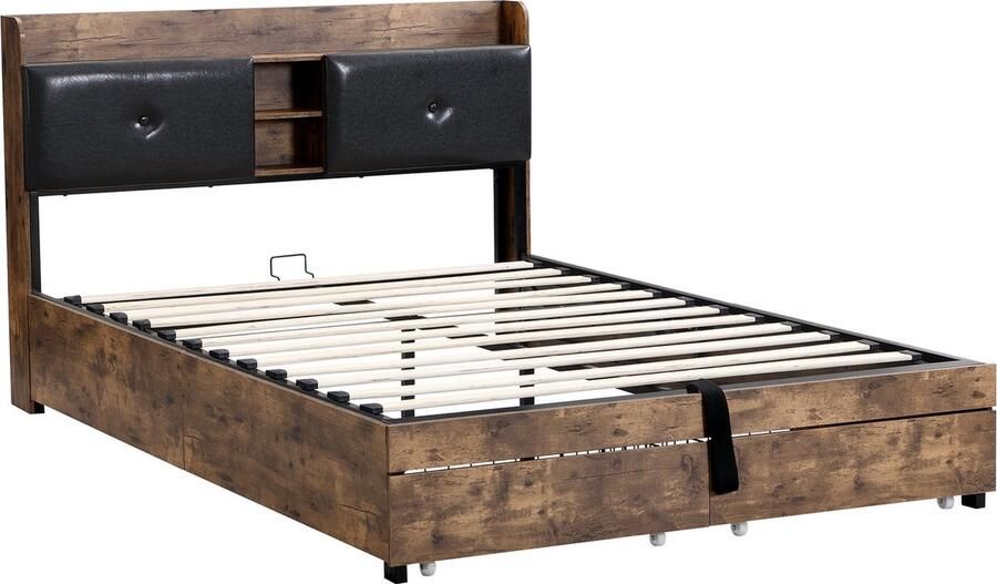 Merax Metaal Bed 140x200 cm Hydraulisch Bed met Opbergruimte Geschikt voor Volwassenen en Kinderen Houtkleur + Zwart (Zonder Matras)