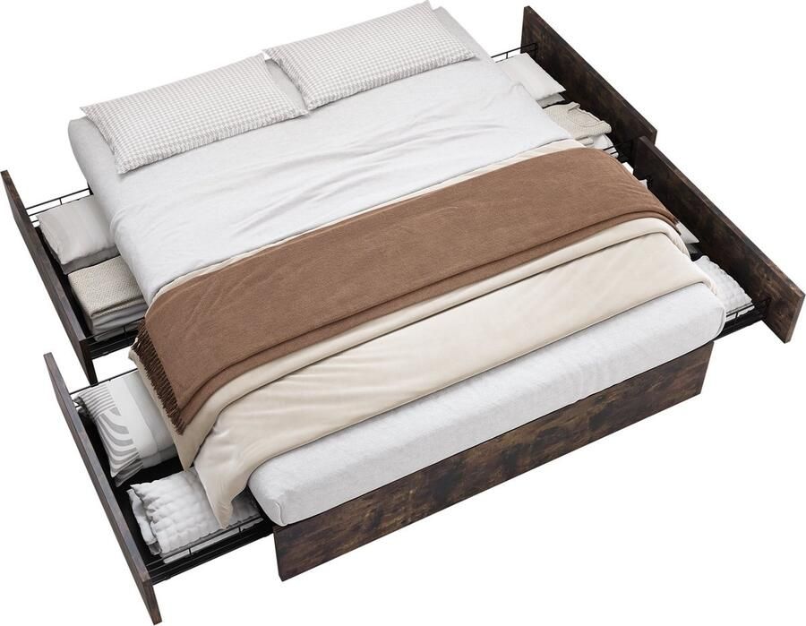 Merax Metalen Bed 140 x 200 cm – Zonder Matras – Bed met Opbergruimte – Vier Lades – Donkerbruin
