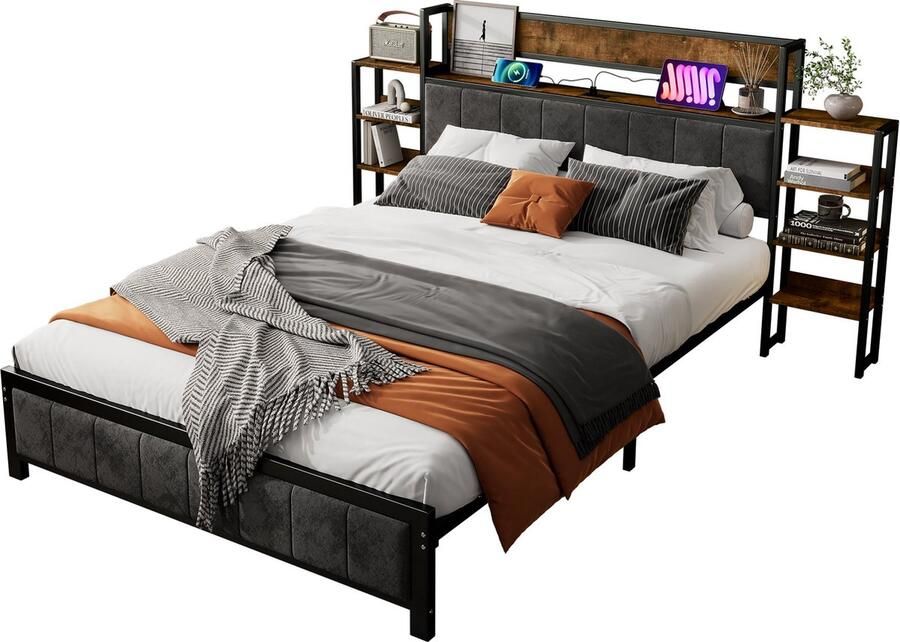 Merax Metalen Bed 140x200 cm met Opbergruimte USB-aansluitingen en Hoofdbord met Regal Zwart + Walnoot