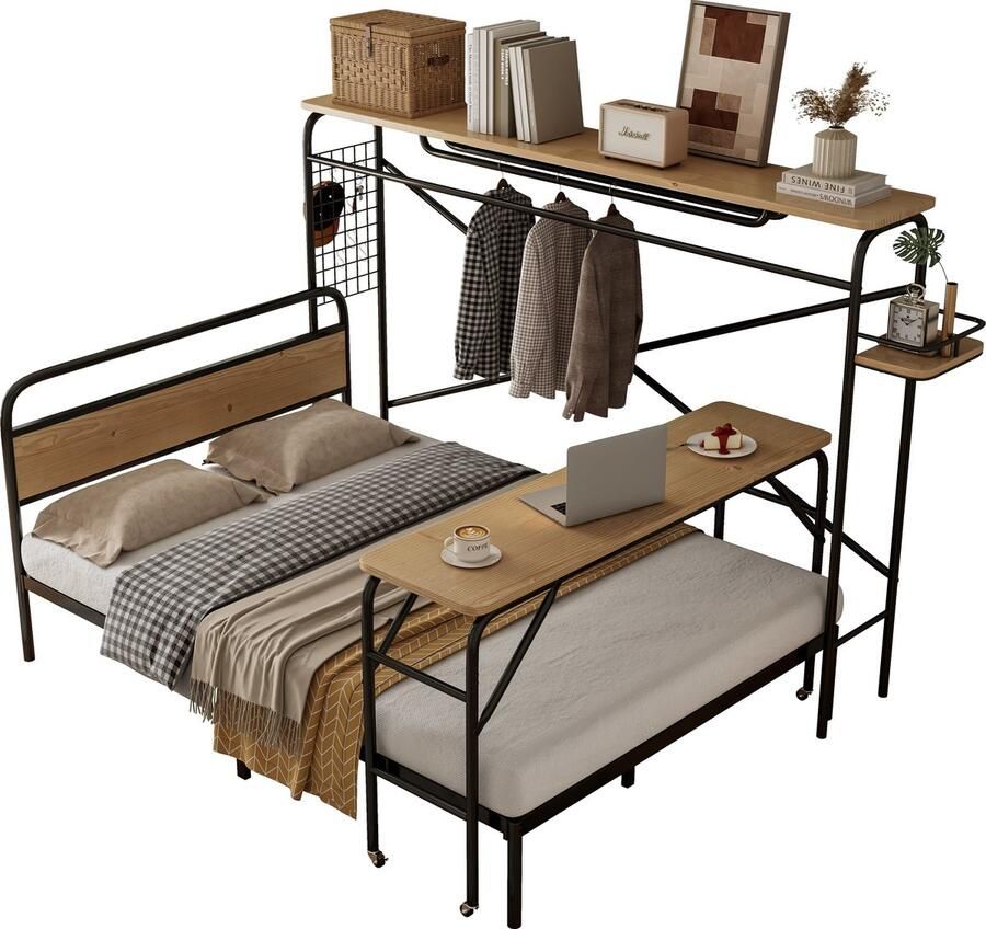 Merax Metalen Bed 140x200 cm met Tafel op Wielen en Garderoberek Compleet Set Slaapkamermeubels Zwart + Houtlook