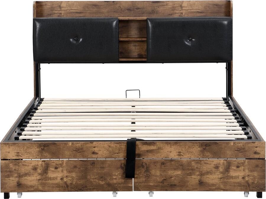 Merax Metallbett 160 x 200 cm Hydraulikbett Jugendbetten Doppelbett mit Stauraum-Kopfteil und Metall Lattenrost Ohne Matratze Für Erwachsene Kinder Jugendliche Holzfarbe+Schwarz - Foto 3