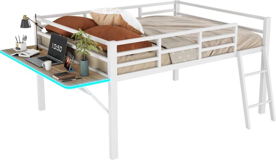 Merax Metalen Bed met Geluidloze Ladder LED Verlichting met Afstandsbediening Schrijfdesk en Veiligheidsrails 140x200 cm Wit