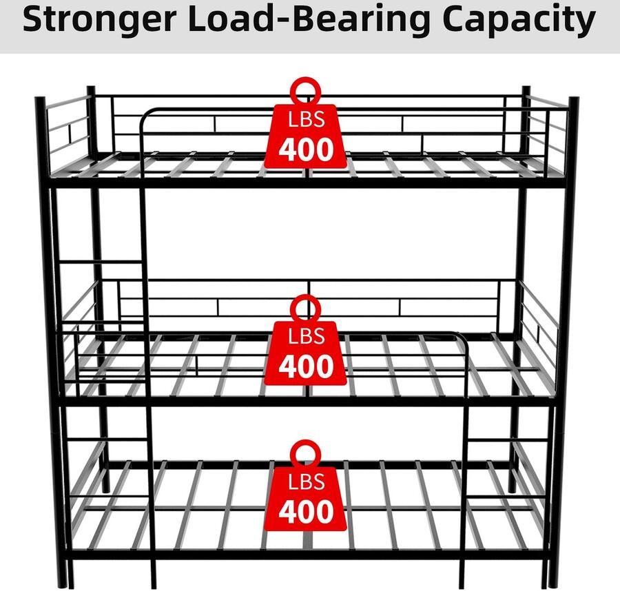 Merax Metalen Driepersoons Stapelbed 3-Lagen Bedframe met Ingebouwde Ladder en Volledige Veiligheidsleuningen 90x190 cm Zwart - Foto 2