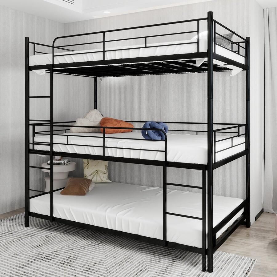 Merax Metalen Driepersoons Stapelbed 3-Lagen Bedframe met Ingebouwde Ladder en Volledige Veiligheidsleuningen 90x190 cm Zwart