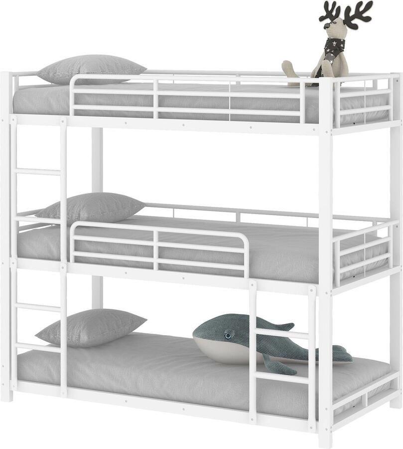 Merax 90x200 cm Metalen Driepersoons Stapelbed – Wit Voor Kinderen Jongeren en Volwassenen