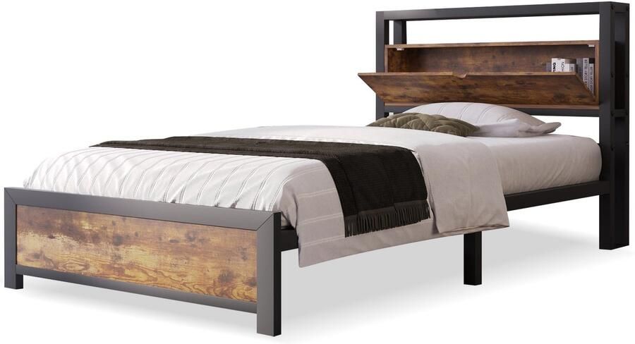Merax Metalen Eenpersoonsbed 90x200 cm Bed met Opbergruimte in Hoofdbord en Houten Lattenbodem Industrieel Bedframe Zwart met Bruin