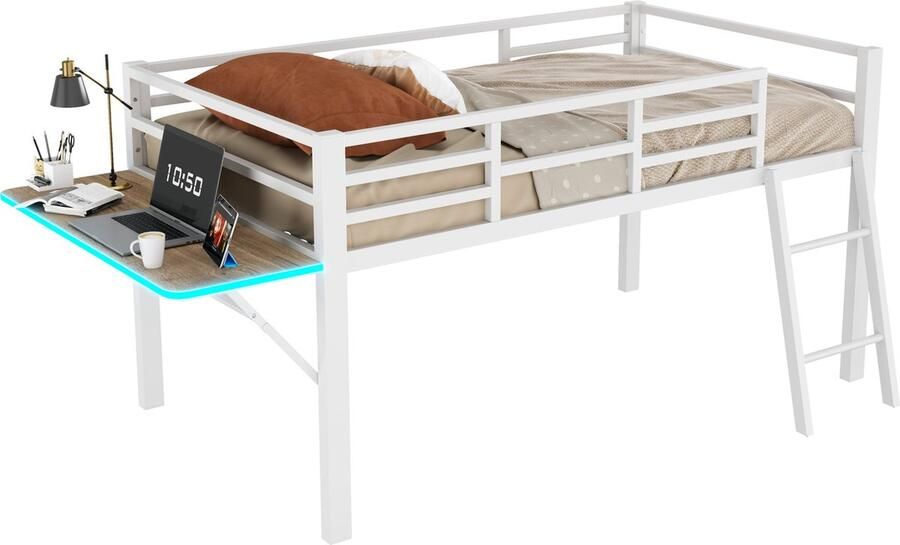 Merax Metalen Half Hoogslaper 90x200 cm met Uitvalbeveiliging Eenpersoonsbed met Inklapbaar Bureau Kinderbed met LED Verlichting via Afstandsbediening Wit