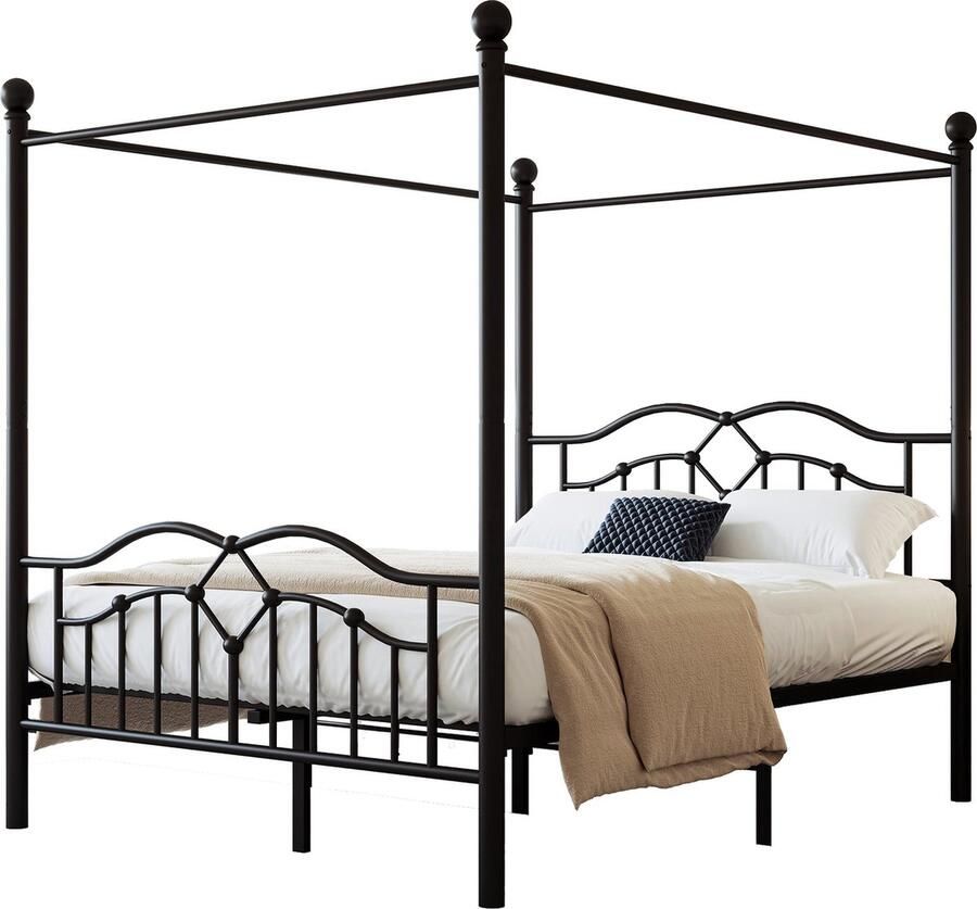 Merax Metalen Hemelsbed 140x200 cm met Golvend Hoofdbord Minimalistisch Frans Ontwerp Zwart Geschikt voor Tieners en Volwassenen