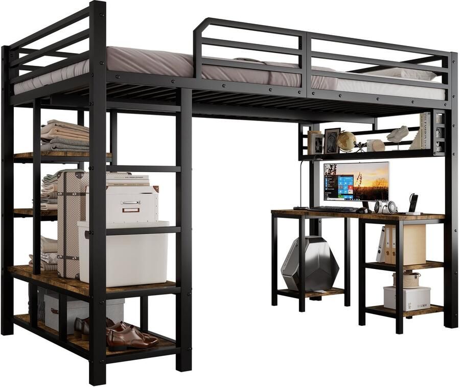 Merax Metalen Hoogslaper 120x200 cm Met Bureau en Opbergruimte Houten Lattenbodem 4-Traps Ladder Zwart met Donker Hout