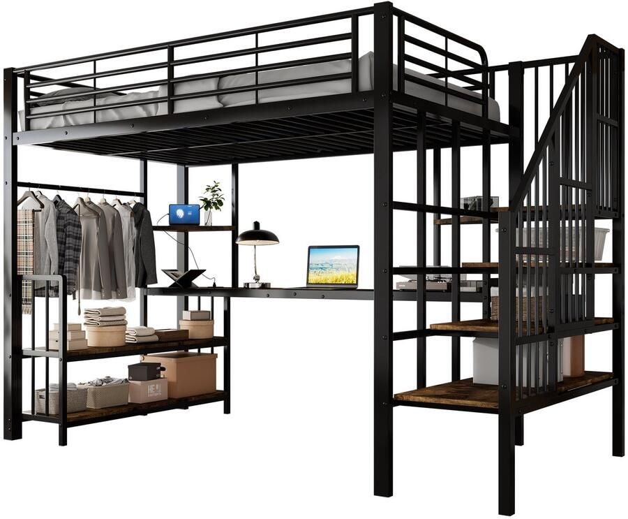 Merax Metalen Hoogslaper 120x200 met Bureau en Kledingrek Kinderbed met Opbergruimte en Uitvalbeveiliging Zwart met Bruin