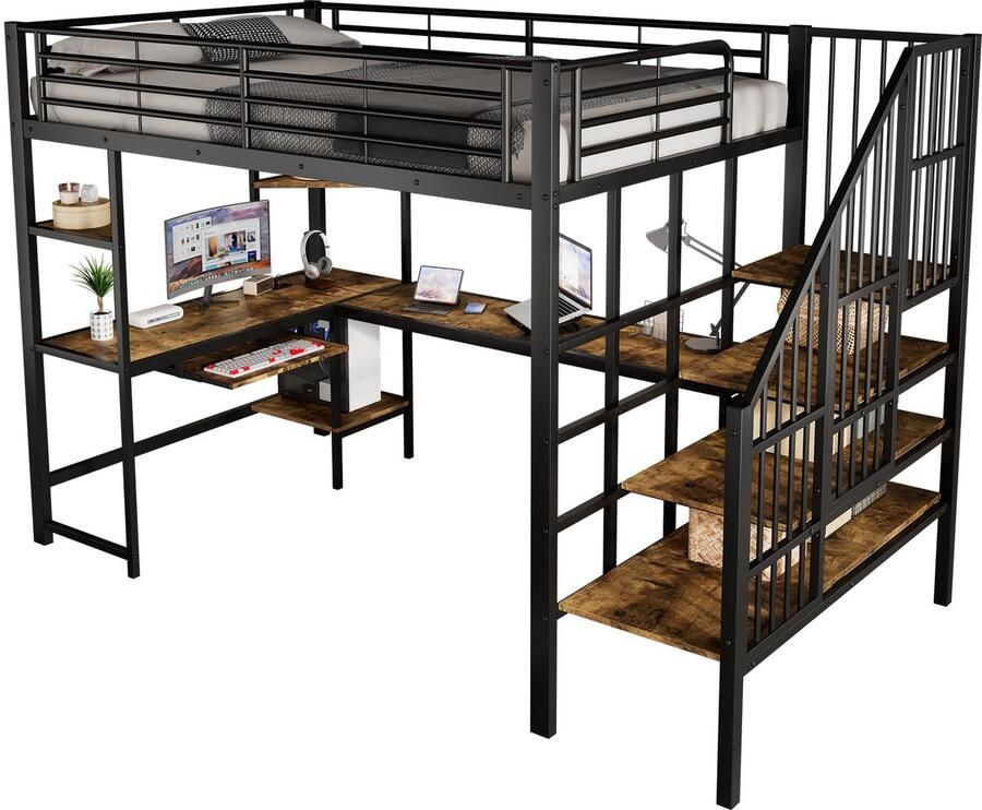 Merax Metaal Hoogslaper 120x200 cm Met Bureau Lade en Veiligheidstrap Kinder- en Jongerenbed Zwart & Donkerhout